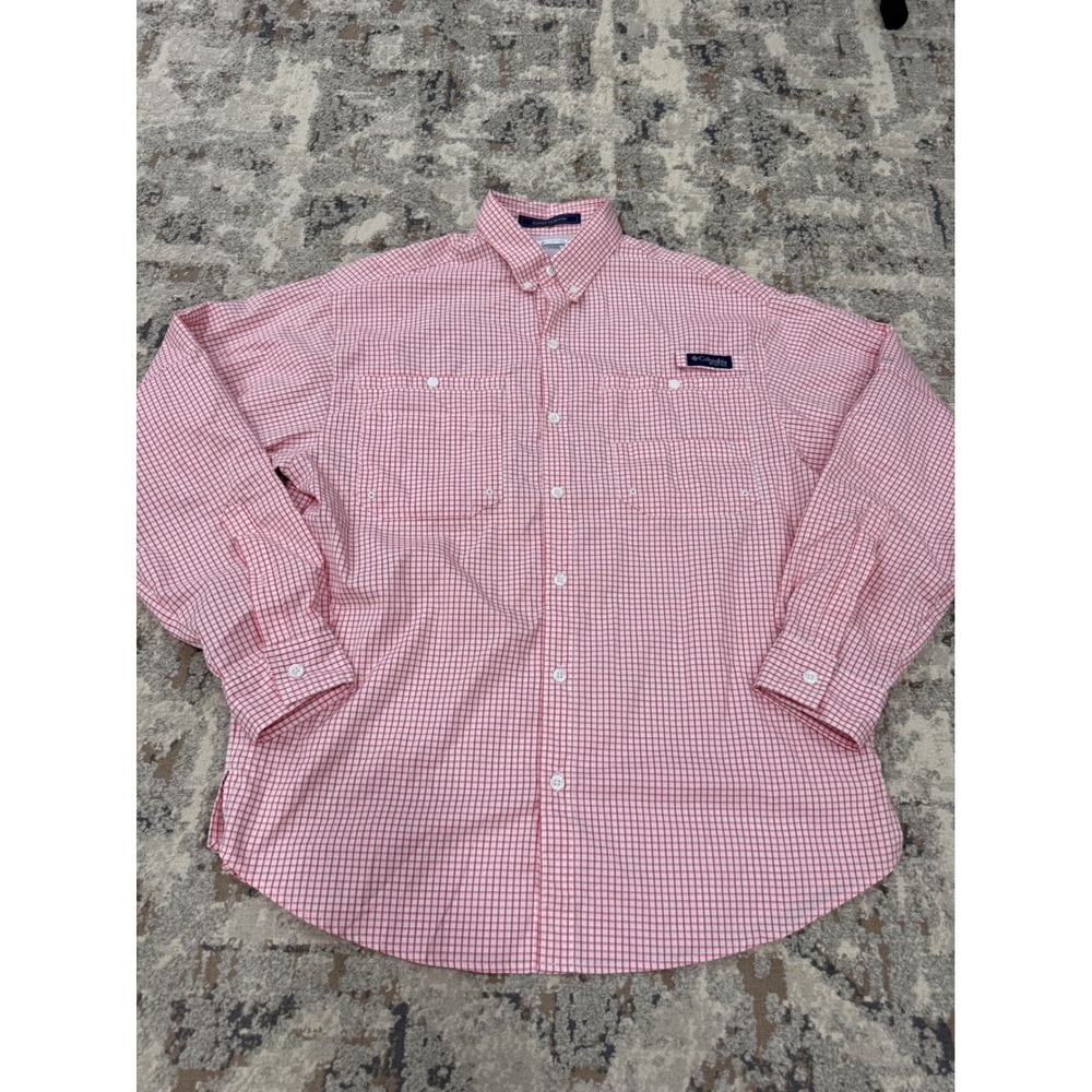 Columbia PFG Super Tamiami Shirt Mens Medium Red Gingham Long Sleeve Fishing